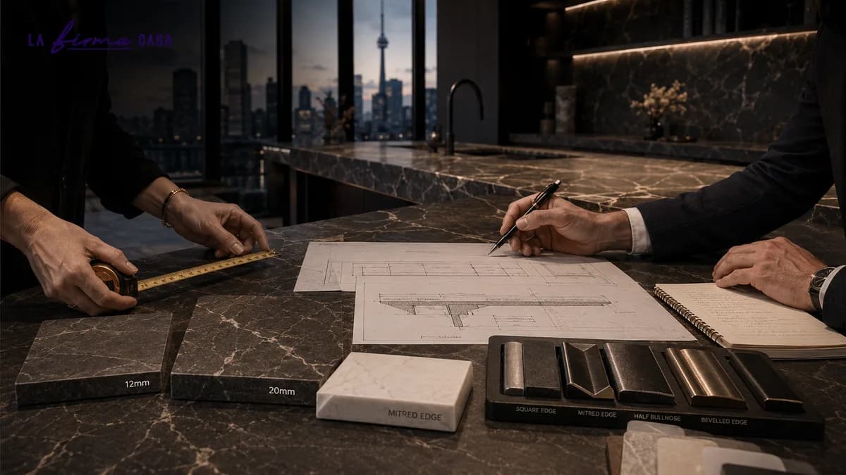 12mm and 20mm porcelain slab samples beside mitred, bevelled and bullnose edge profiles and a fabrication drawing on a Toronto kitchen island