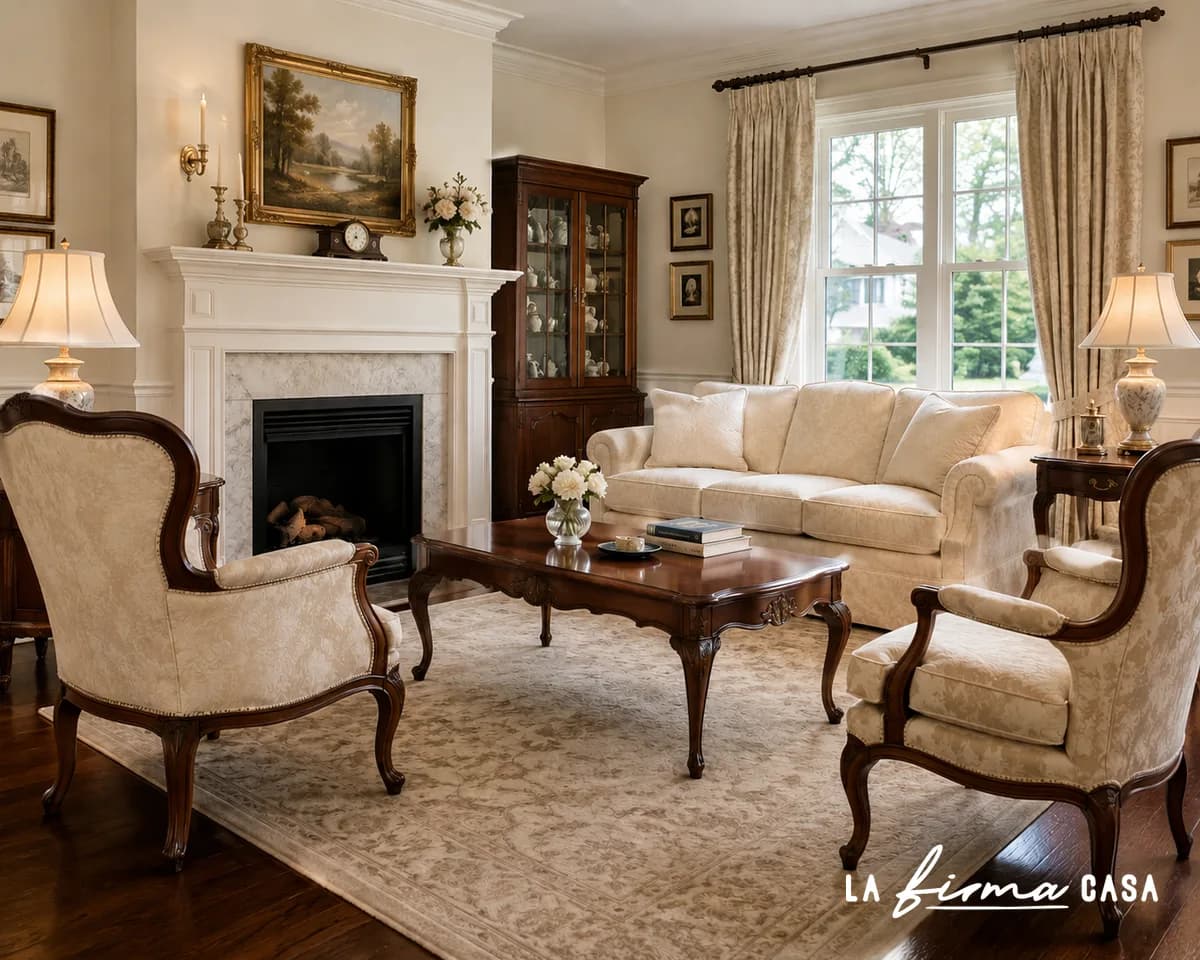 Traditional living room with a cream sofa, carved wood armchairs, a marble fireplace and gilt-framed paintings