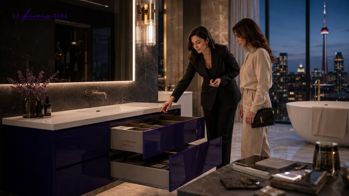 Two people testing full extension soft close drawers on a wall hung Italian bathroom vanity overlooking Toronto
