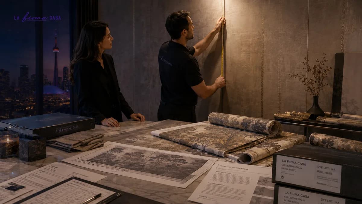 Installer measuring a wall with a tape while wallpaper rolls, installation instructions and boxes labelled with matching dye lot numbers sit on the table