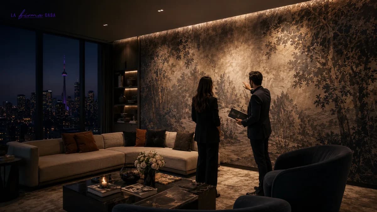 Designers looking at a full-height printed forest mural covering a living room feature wall above a pale sectional sofa