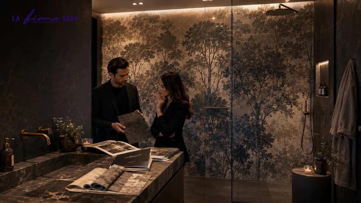 Consultant showing a wallcovering sample in a dark stone bathroom where a printed forest mural runs behind the glass shower enclosure