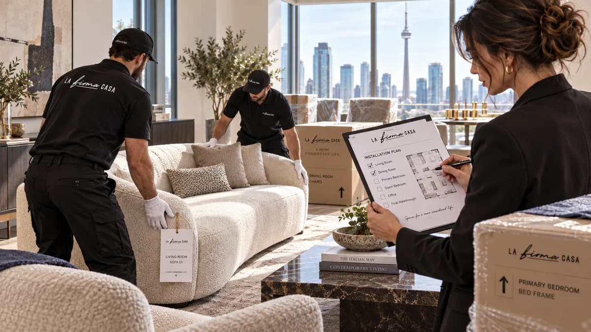 White-glove furniture installation checked against a room-by-room placement plan