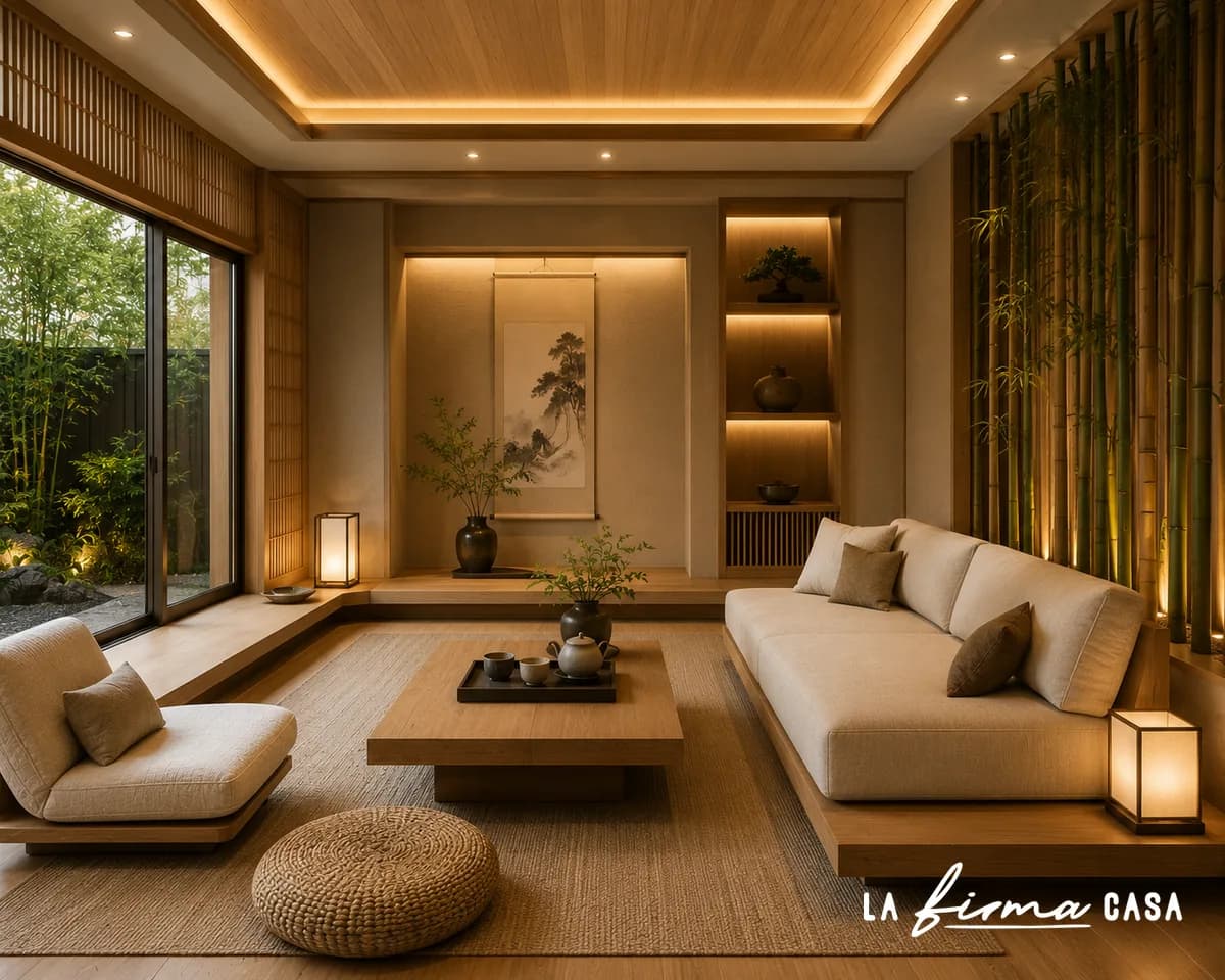 Zen living room with bamboo screens, low platform seating, paper lanterns and warm cove lighting