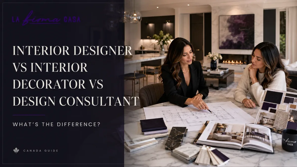 La Firma Casa design consultant pointing at a floor plan with a homeowner at a marble table, material samples and catalogues spread around them