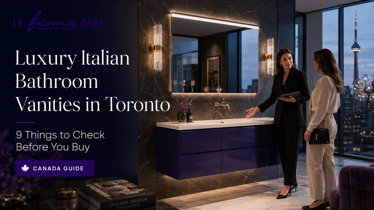 La Firma Casa consultant showing a gloss purple Italian bathroom vanity in a Toronto penthouse with the CN Tower behind