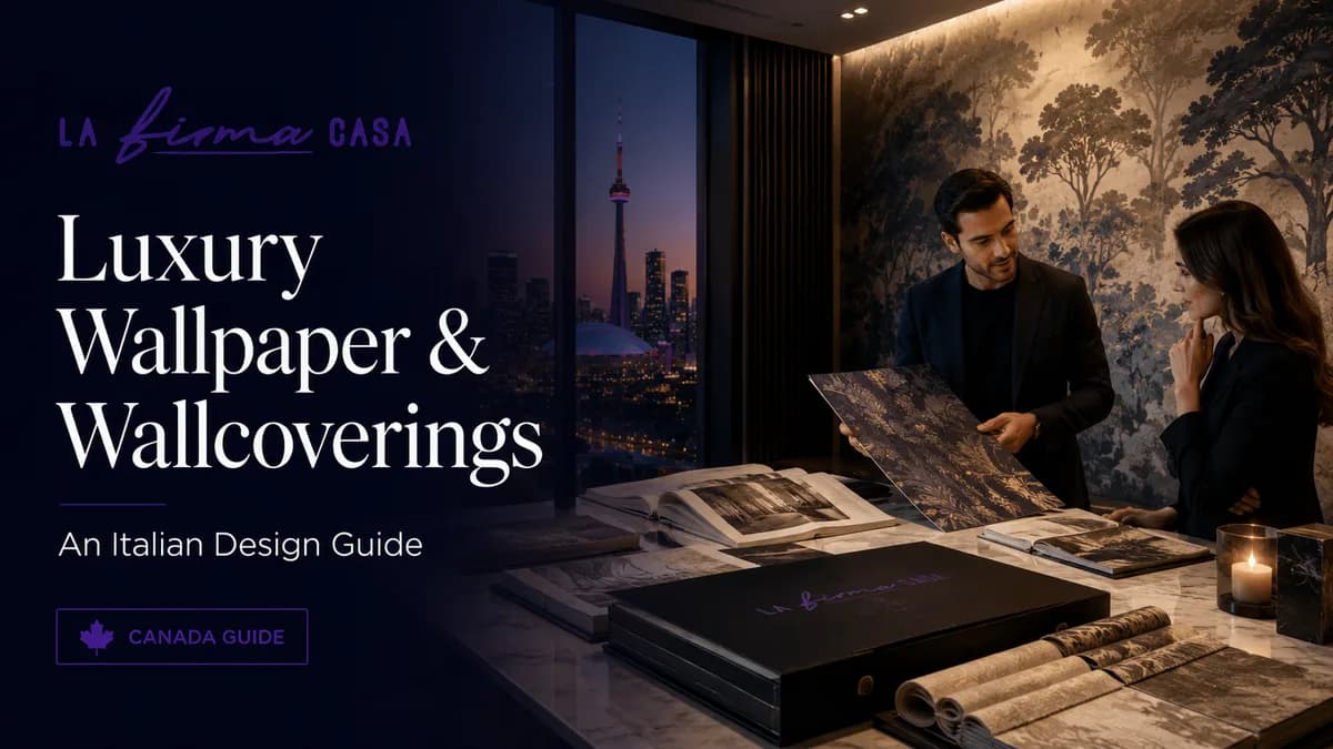 La Firma Casa consultants reviewing a dark botanical wallcovering panel against a printed mural wall in a Toronto apartment with the CN Tower behind