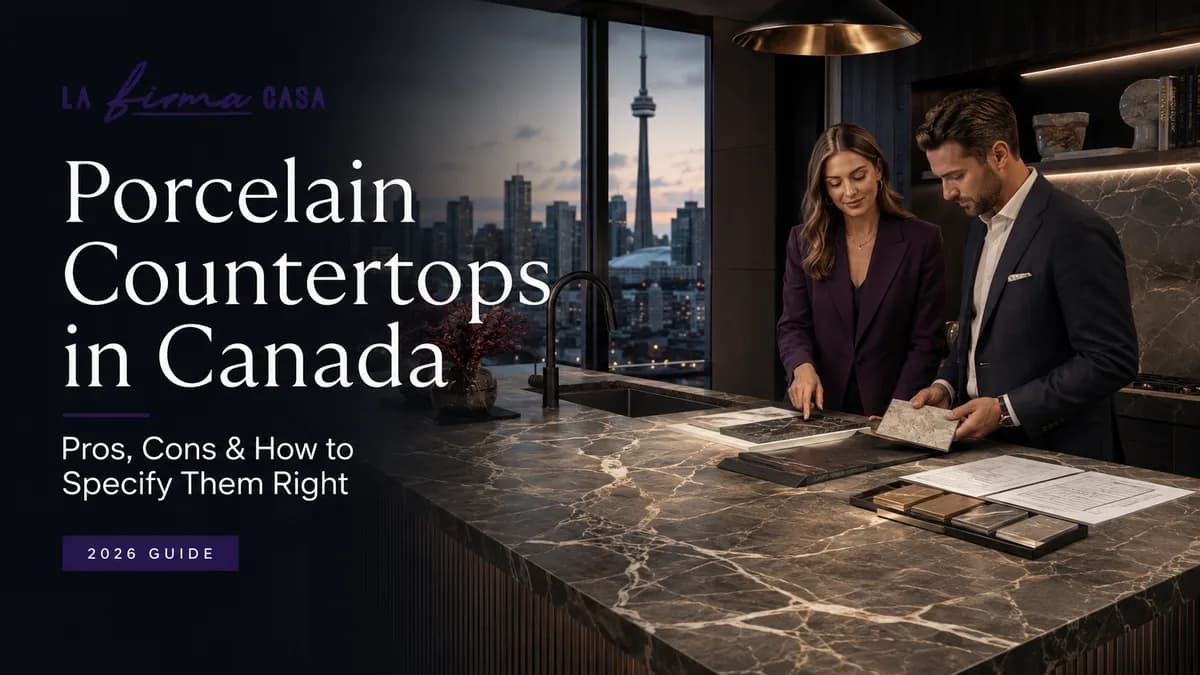 La Firma Casa consultants comparing porcelain slab samples on a dark veined island in a Toronto kitchen with the CN Tower behind