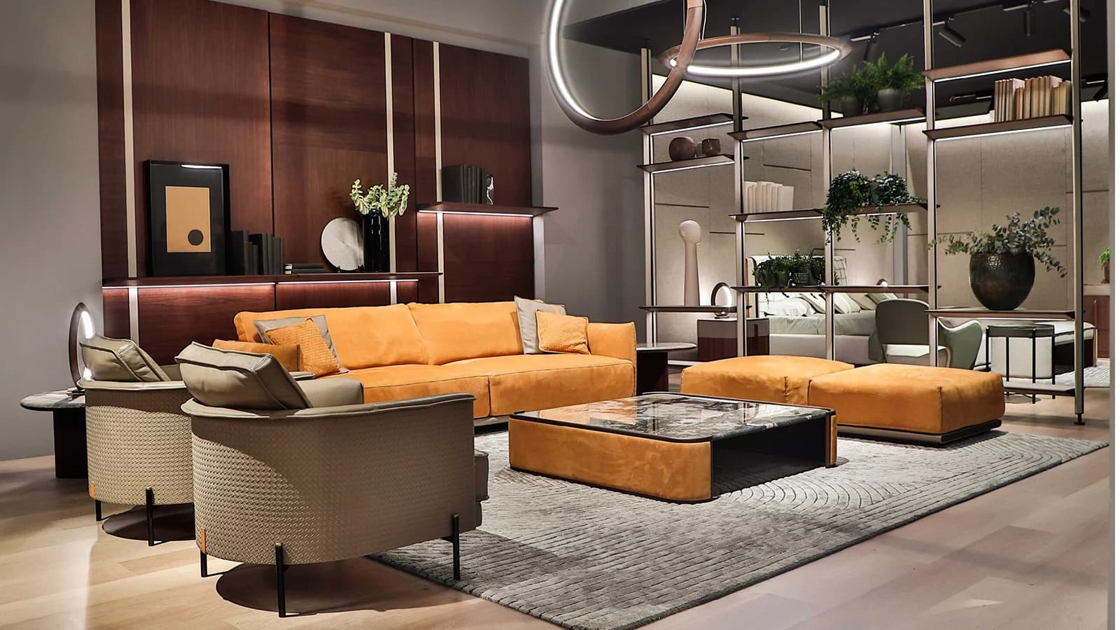 A warm modern living room with an orange sofa and Italian design furniture