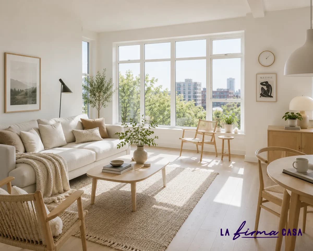 Scandinavian living room with light oak furniture and large windows, one of eleven interior design styles