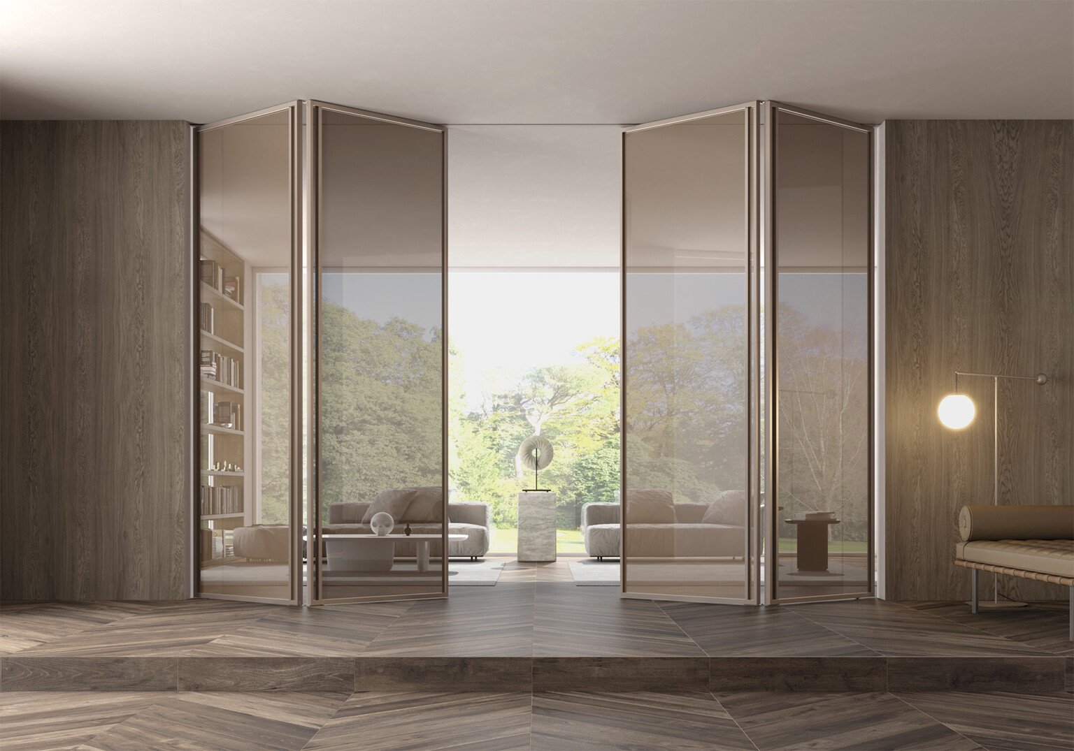 Barausse_titanio_folding_doors_vetro_bronzo_Sigaro_wall_paneling-1536x1075